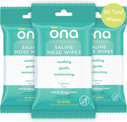 Ona Renewals Saline Nose Wet Wipes front view of packaging for nasal allergy relief.