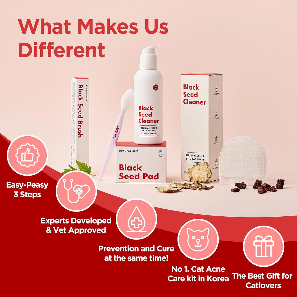 Step by step demonstration instructions for clearing feline blackheads safely.
