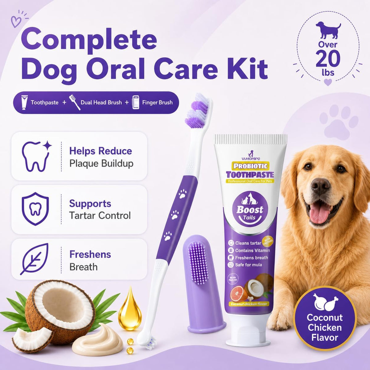 VVHOMIFE coconut chicken flavored dog toothpaste with packaging details on natural oral care ingredients
