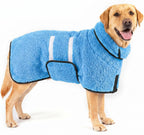 Bienbee dog bathrobe front view showing the light blue long fleece material on a large dog.
