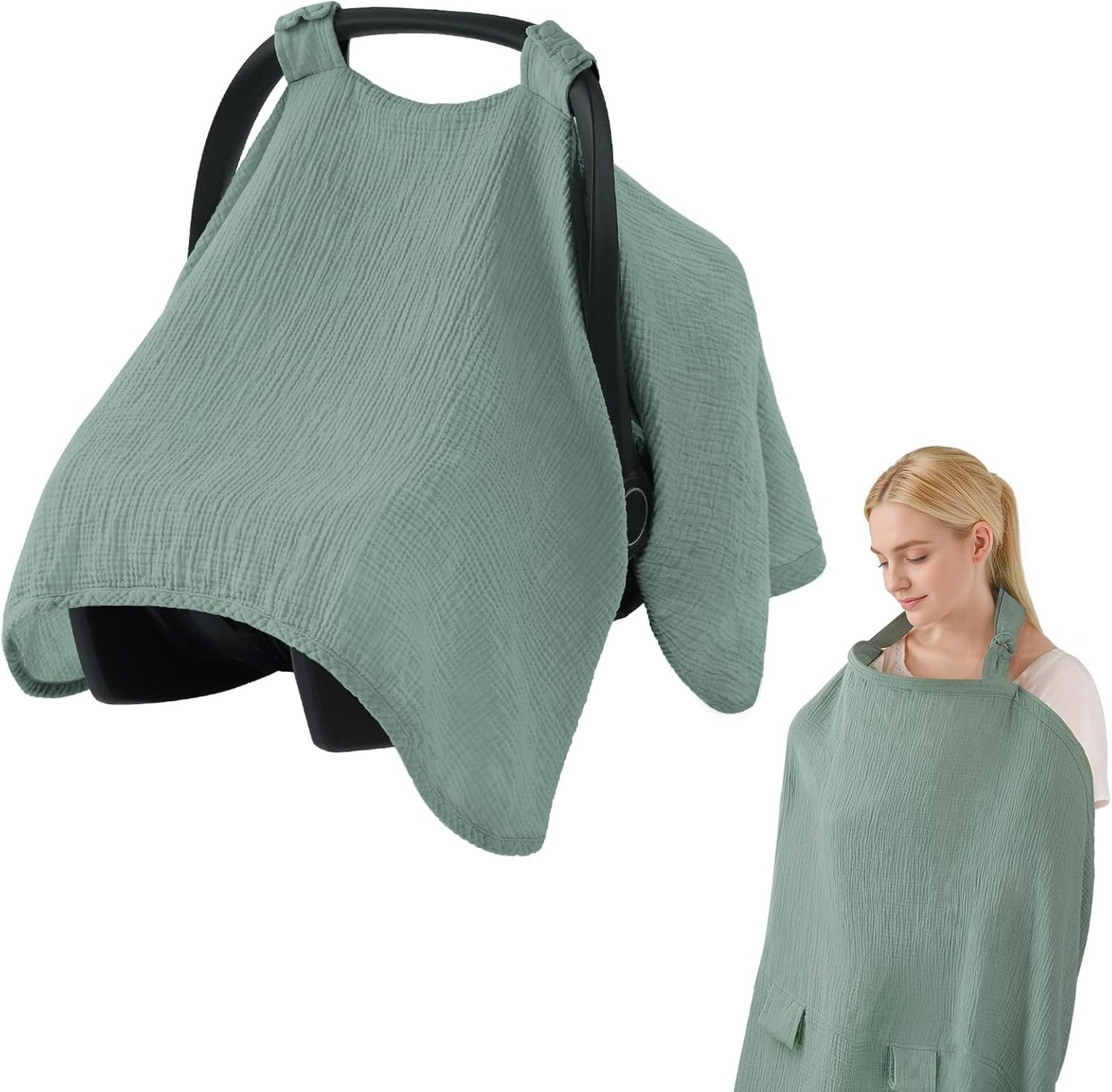 Blissful Diary 2-in-1 muslin baby car seat cover front view in Roman Green