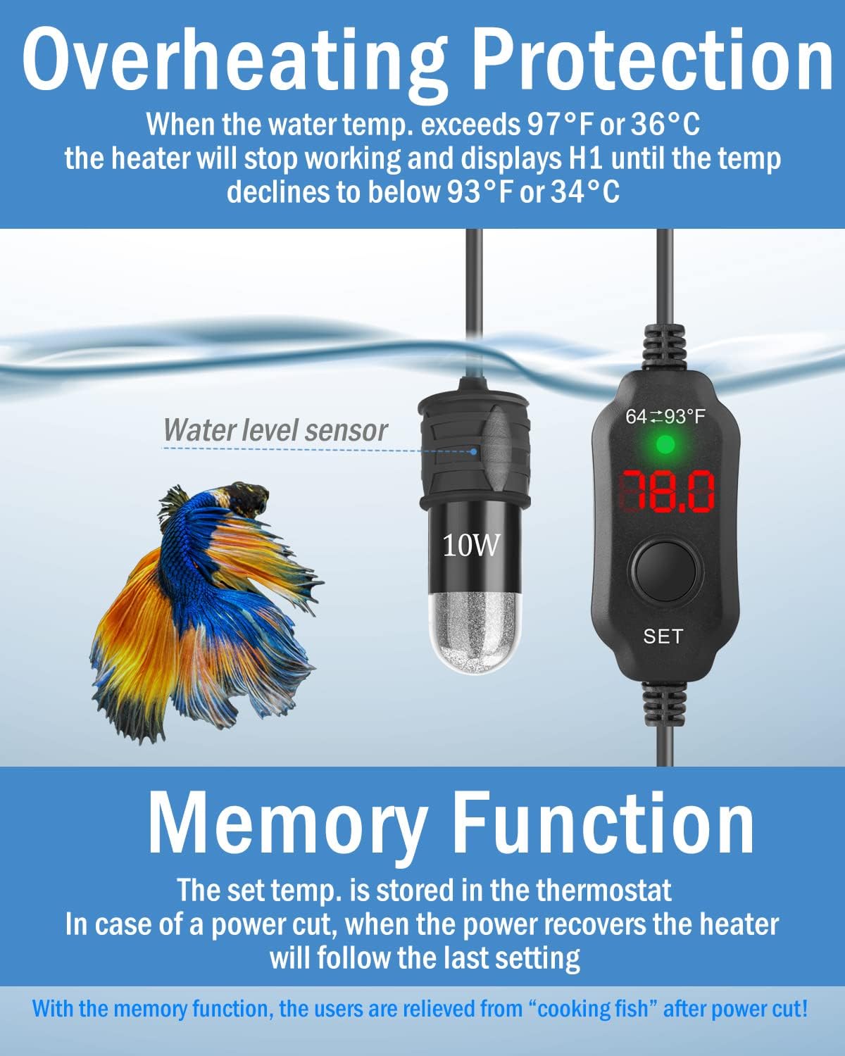 Side profile showing compact dimensions of the 10W heater