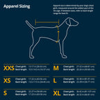 Waterproof all-weather pet jacket side profile showcasing extended hip coverage.
