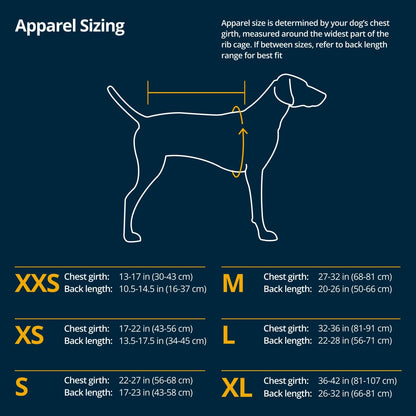 Waterproof all-weather pet jacket side profile showcasing extended hip coverage.