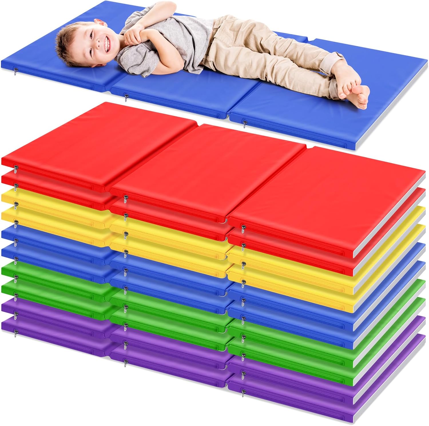 Wesiti folding kids nap mats 5 pack front view showing vibrant multicolor preschool rest pads.