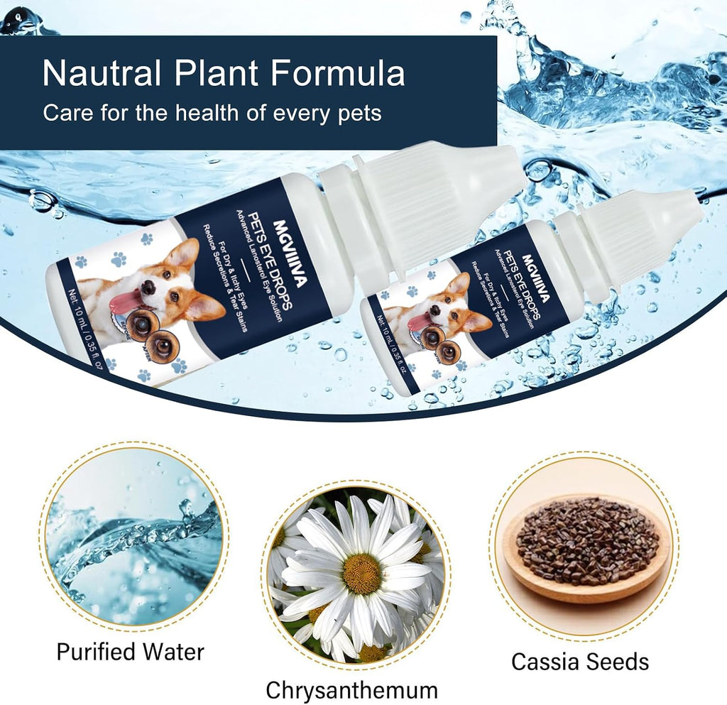 Imported dual bottle pack of advanced lanosterol solution for domestic animal eye care.