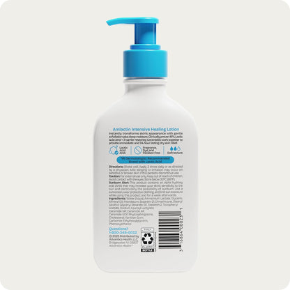 Texture shot of the non-greasy AmLactin lactic acid lotion being dispensed from the bottle.