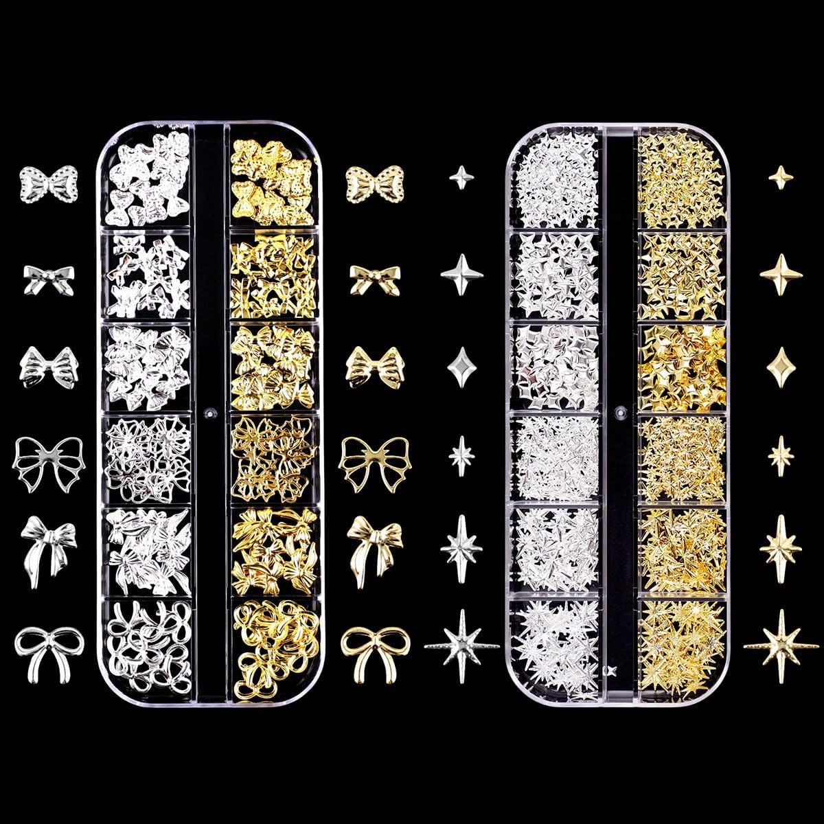 Symphonyw 3D Metal Punk Nail Studs front view showcasing organized gold and silver charms inside a clear divided storage box.