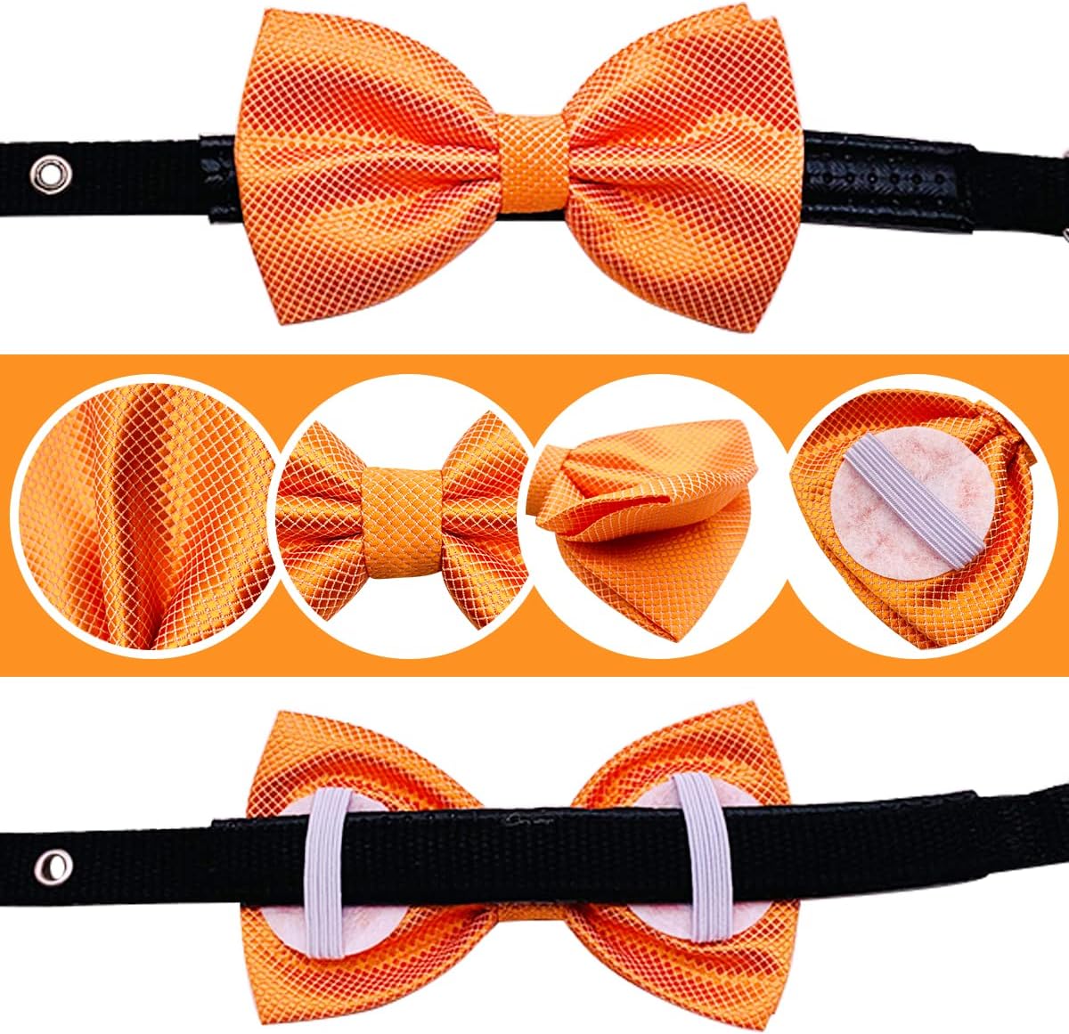 Close up view of the durable dual elastic rubber bands on the back of the pet bow tie