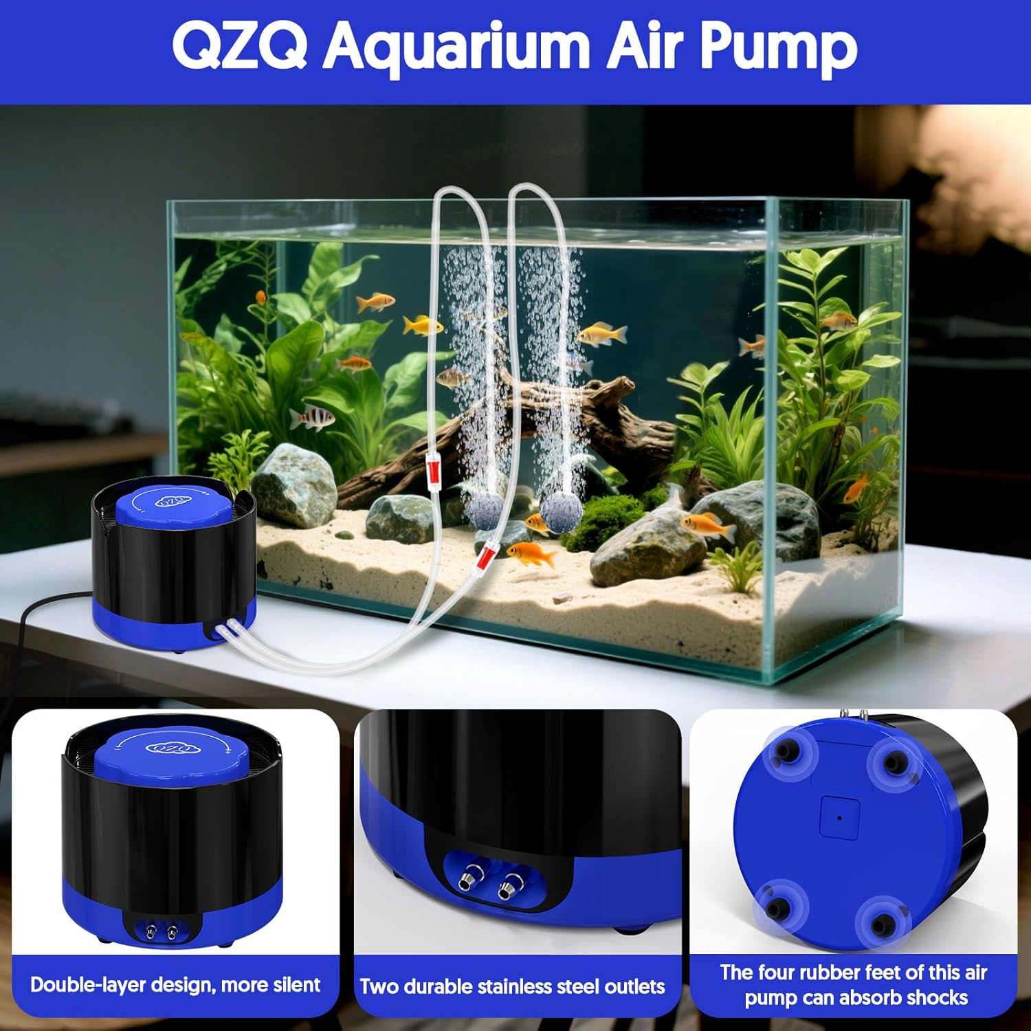 QZQ dual outlet air pump side profile with blue base