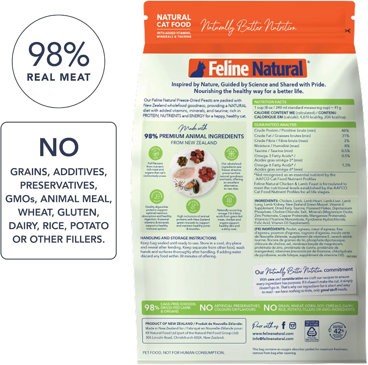 Feline Natural freeze dried raw cat food recipe close up view of high protein meat chunks