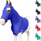 Majestic Ally Stretch Spandex Horse Hood front view in royal blue on horse