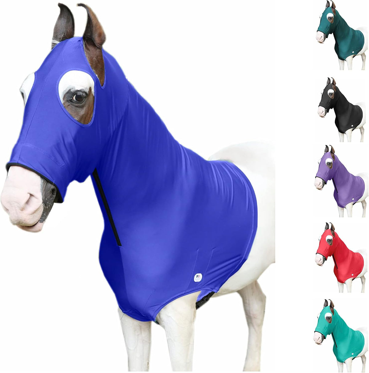 Majestic Ally Stretch Spandex Horse Hood front view in royal blue on horse