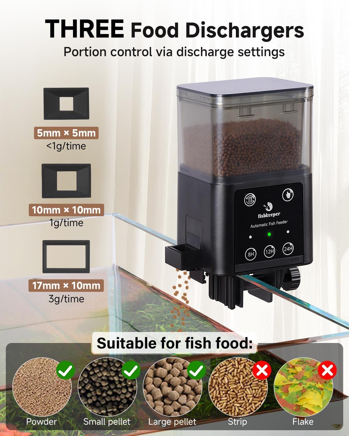 Moisture-proof auto fish food machine with interchangeable discharger sizes