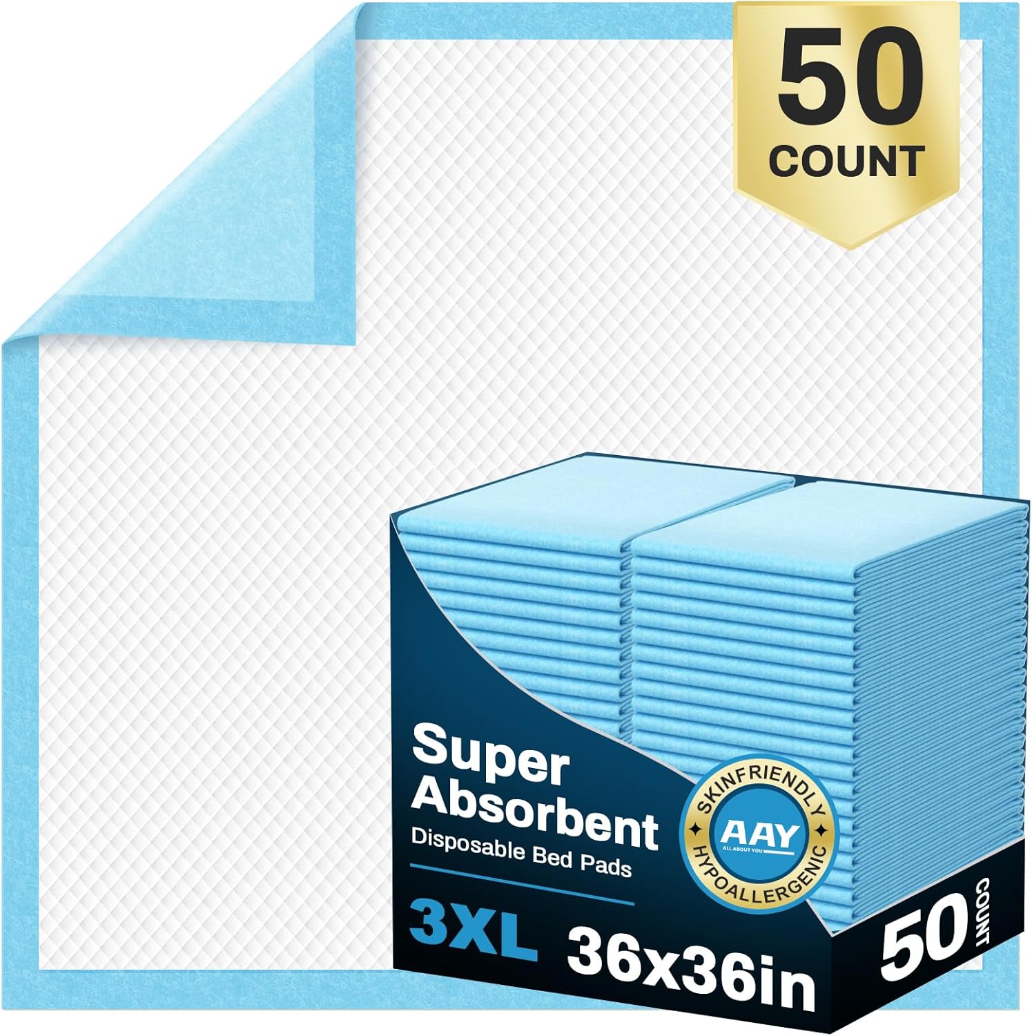 AAY disposable bed pads 36 by 36 inches front packaging
