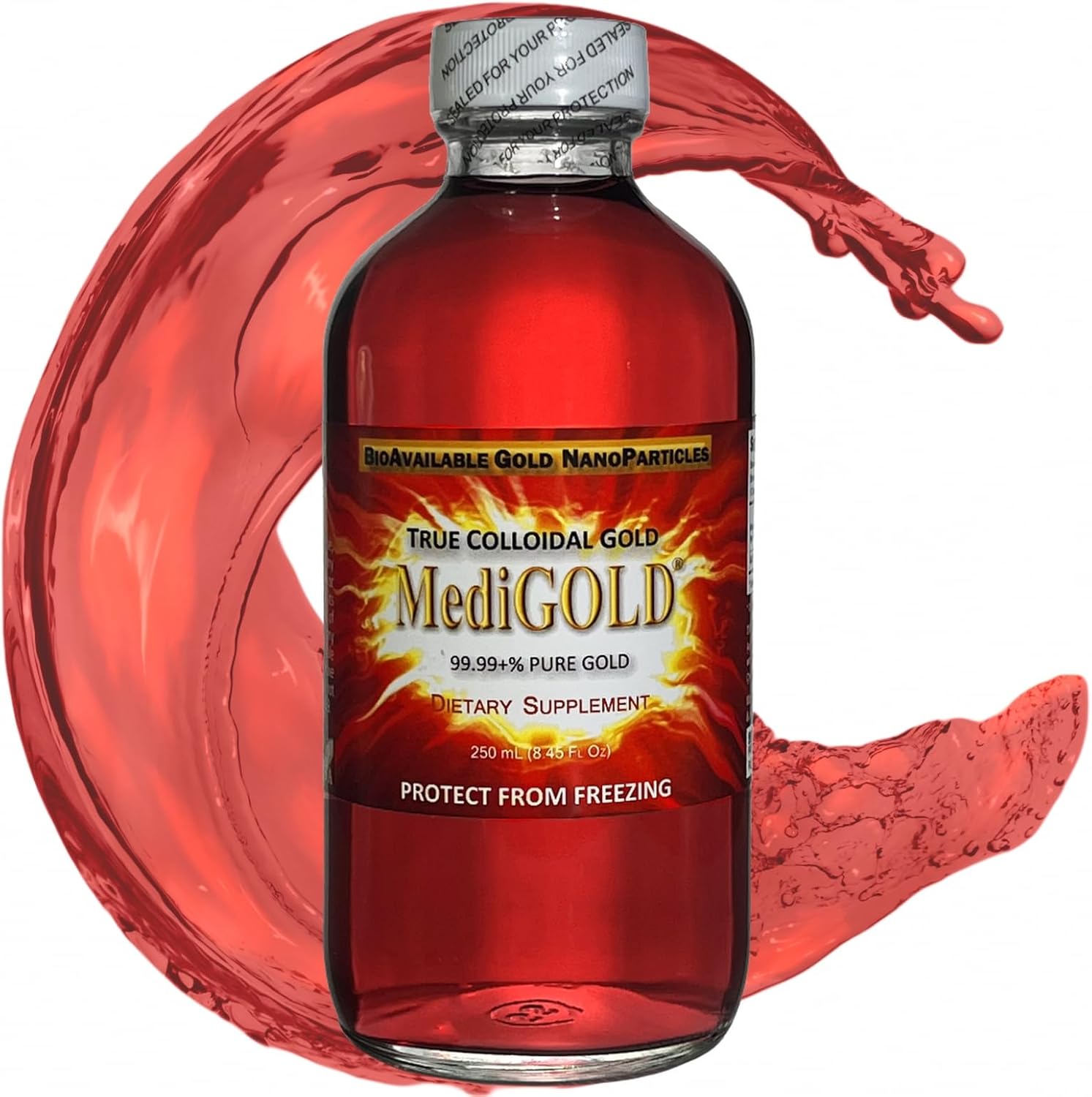 Sirius Metals True Colloidal Gold Dietary Supplement front view in 250 mL glass bottle