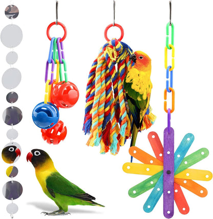 Quozuo small bird toys parakeet cage accessories front view showing four pieces set.