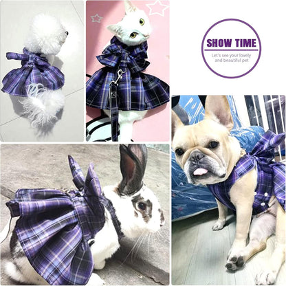 Complete three piece pet apparel set including dress bow tie and nylon leash.