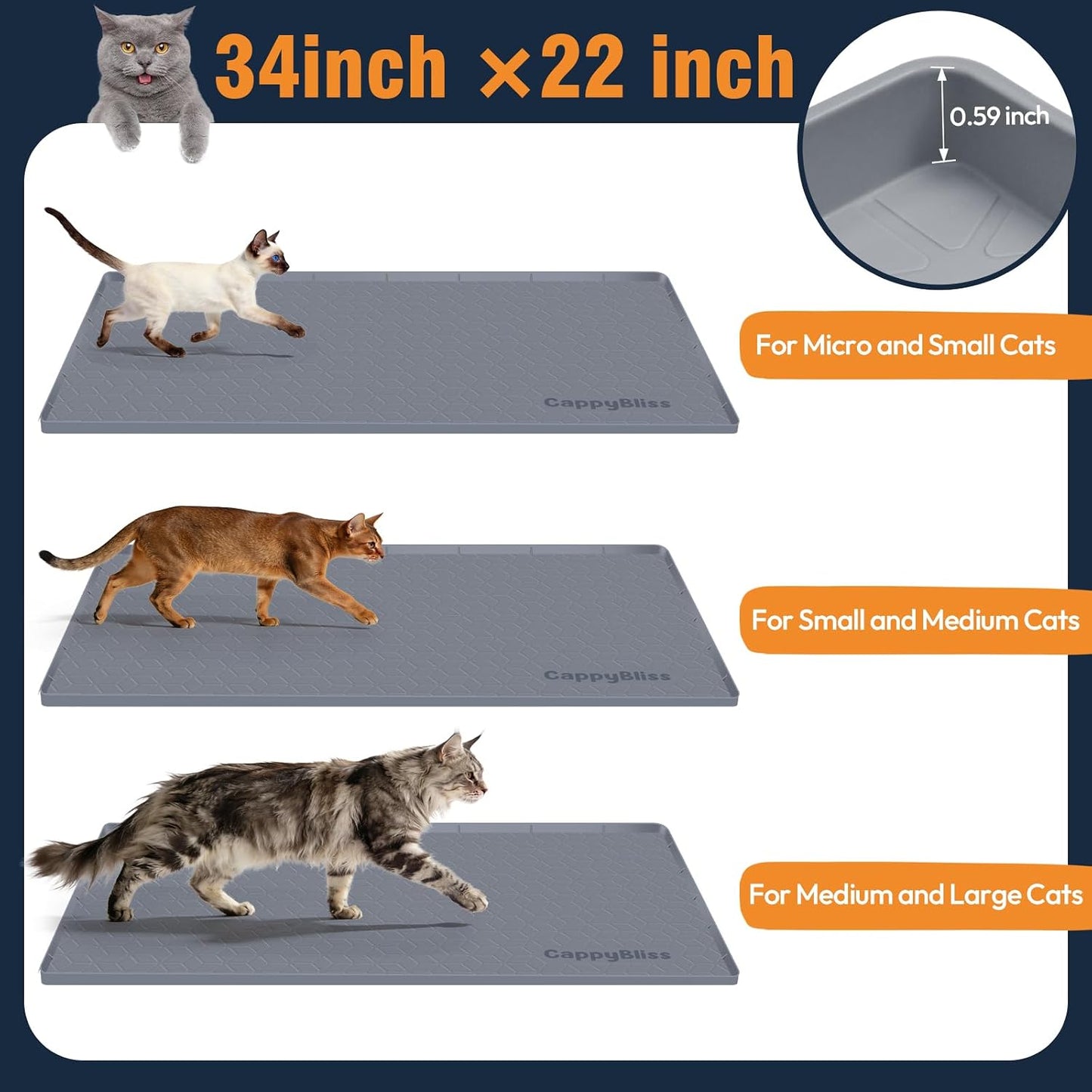 Dark gray extra large cat litter mat protecting tile flooring from messes