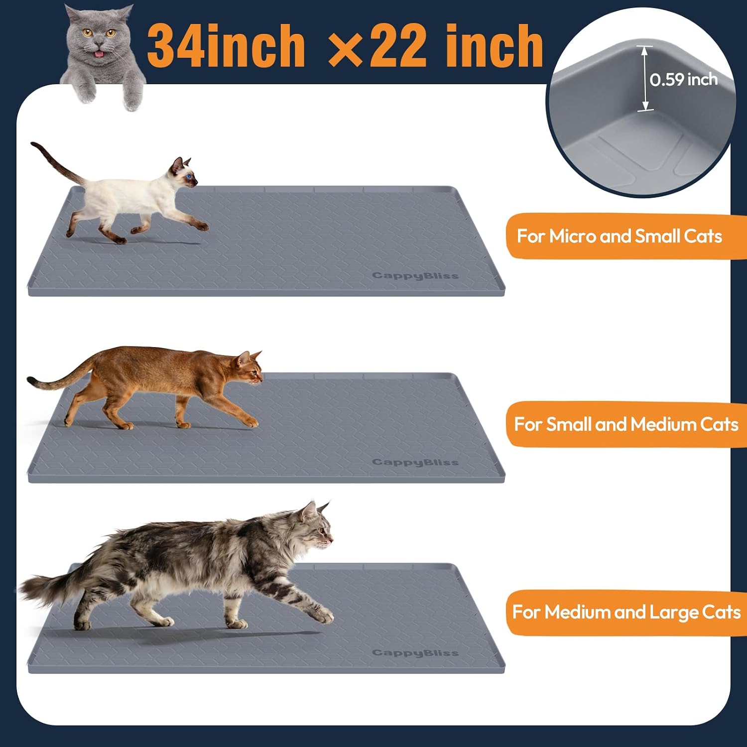 Dark gray extra large cat litter mat protecting tile flooring from messes