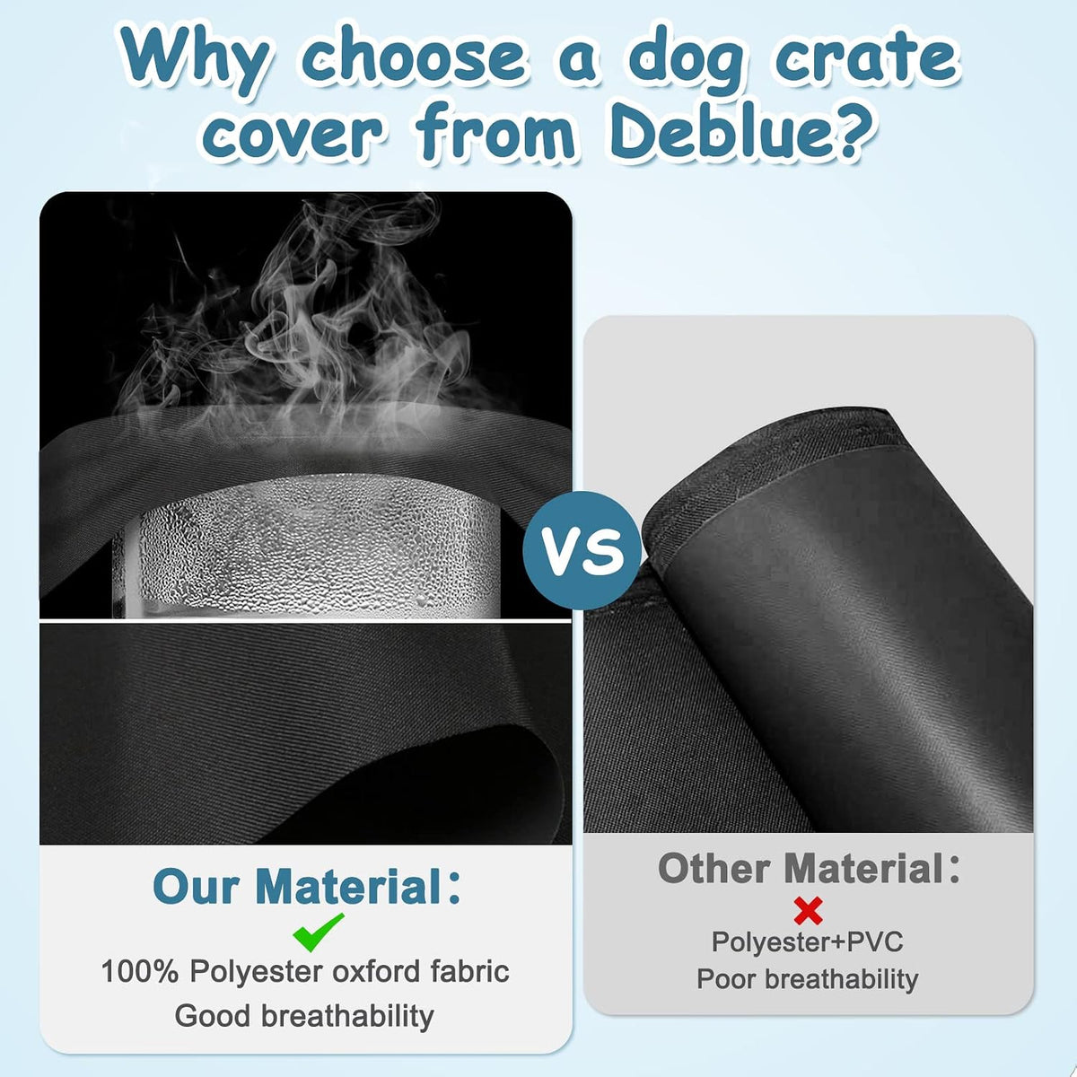 Deblue breathable fabric dog crate cover protecting a small wire cage