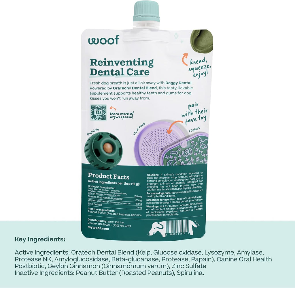 Squeezable peanut butter and kelp flavor dog oral health supplement package.