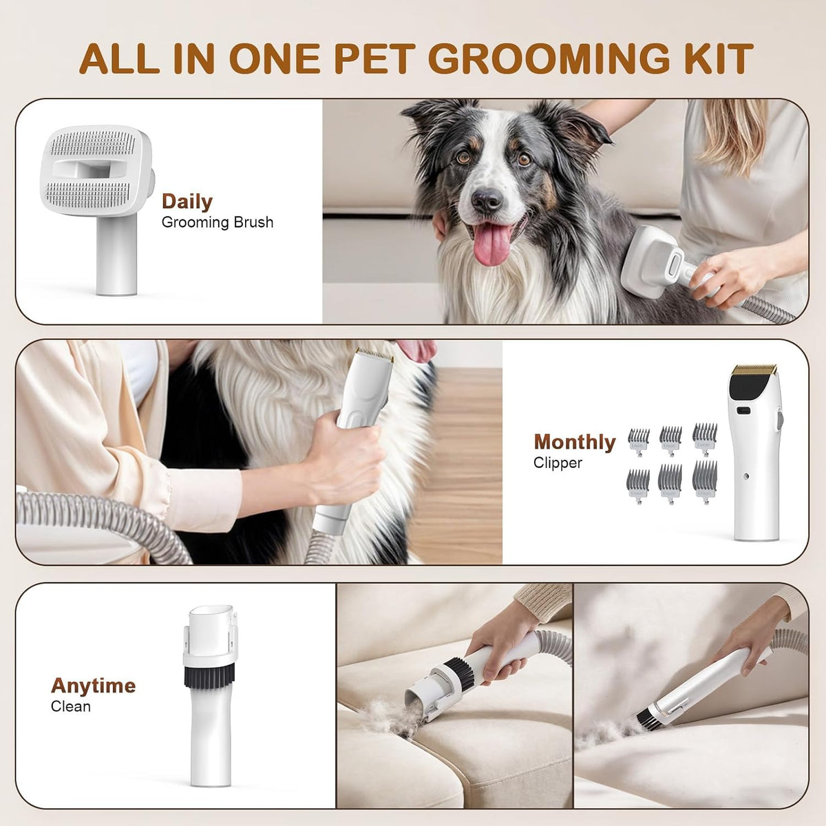 Low noise pet grooming vacuum cleaner being used on a dog coat