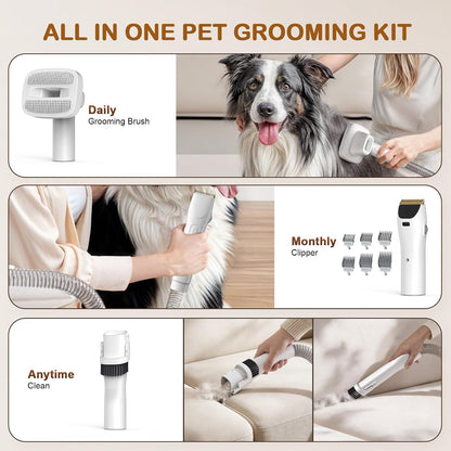 Low noise pet grooming vacuum cleaner being used on a dog coat