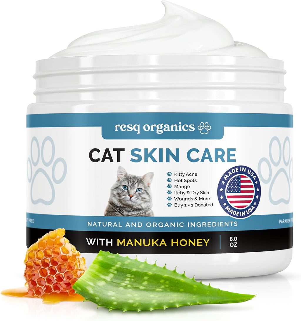 Two ounce jar of ResQ Organics calming cat cream for itchy skin relief