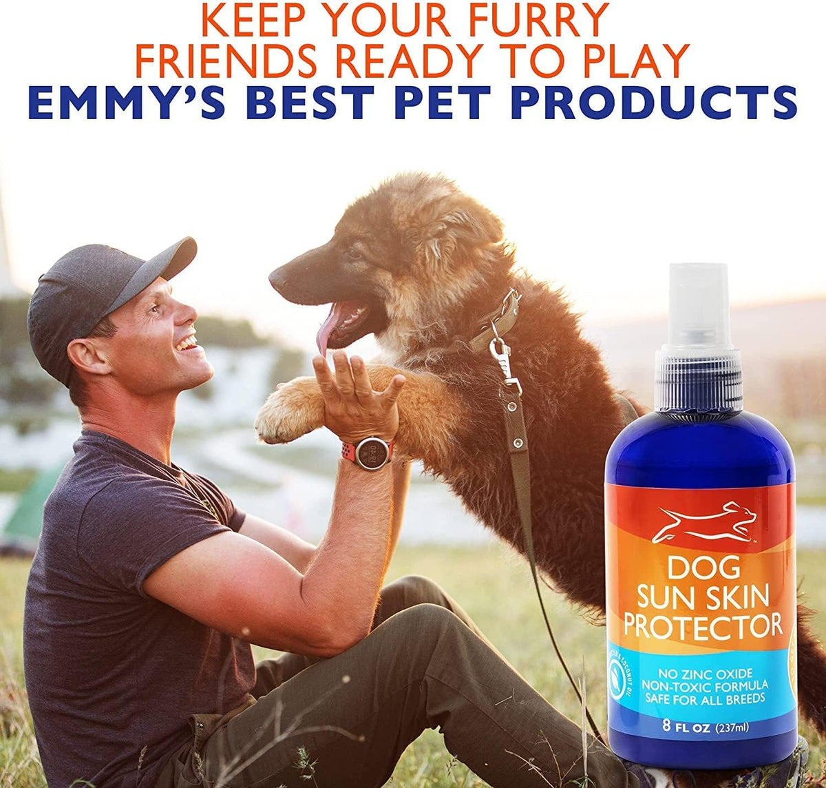 Aerosol free pet sunblock spray bottle designed for safe application on canine ears and nose