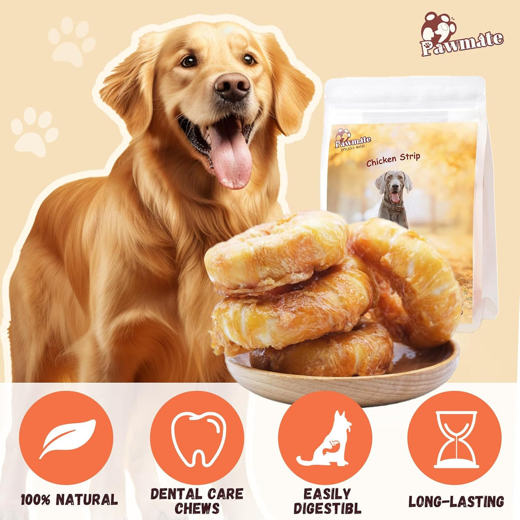 Large breed dog eating Pawmate chicken rawhide donut