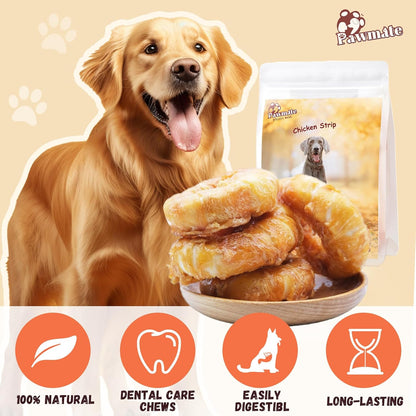Large breed dog eating Pawmate chicken rawhide donut