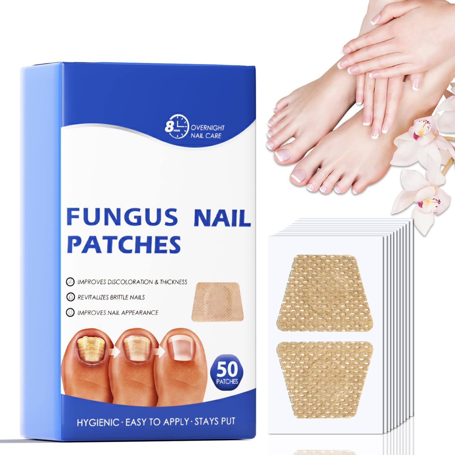 OMO Toenail Fungus Treatment 50 Patches front view showing box packaging.