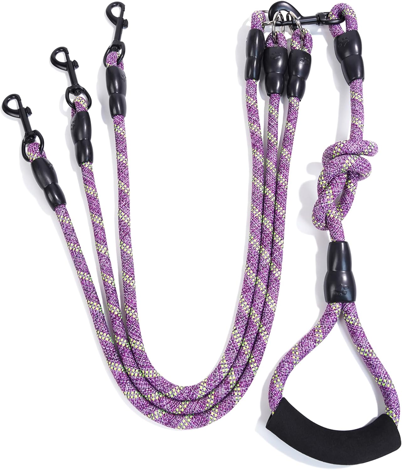 Heyllou 3 dog leash purple green front view showing padded handle and triple nylon leads