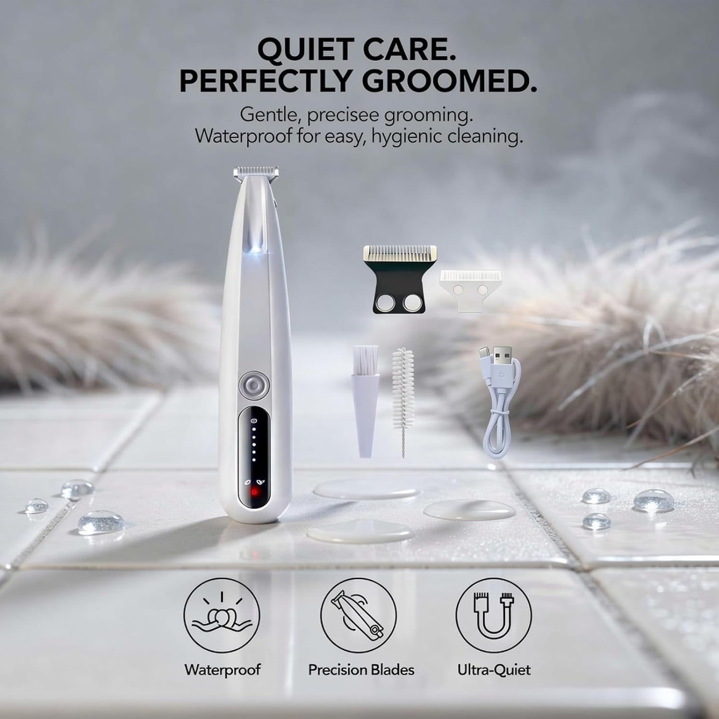 Rechargeable electric pet trimmer kit showing the replacement head and cleaning brush accessories