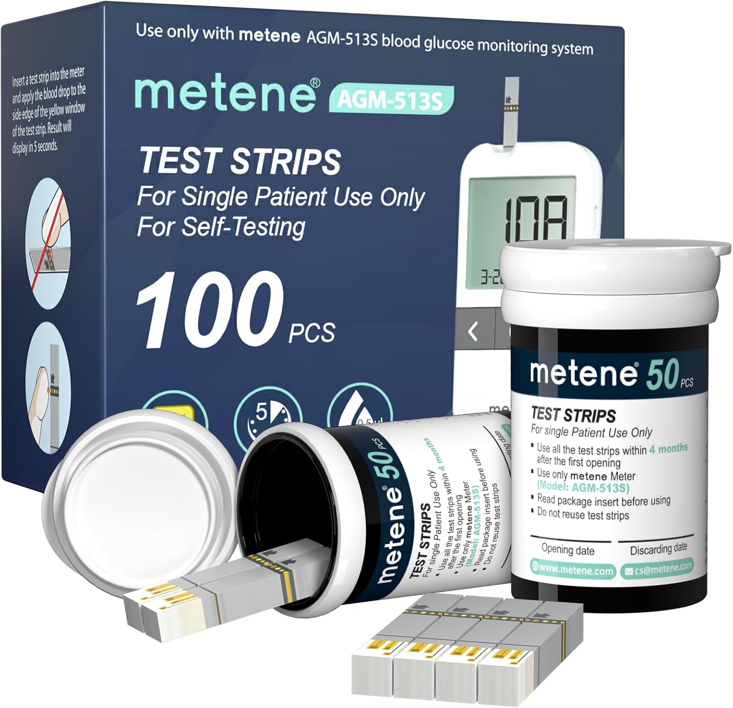 Metene AGM-513S Blood Glucose Test Strips 100 Count front package view for diabetes management