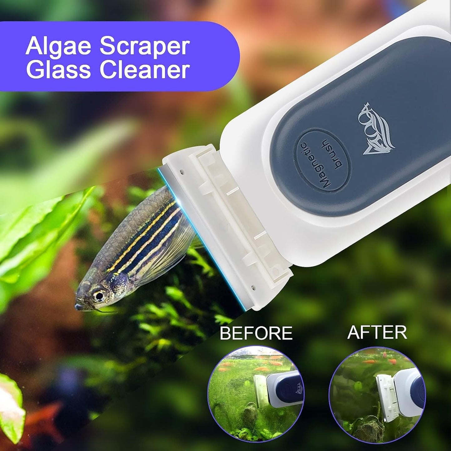 AQQA aquarium magnetic glass cleaner displaying the two included detachable scraper blades for tough algae.