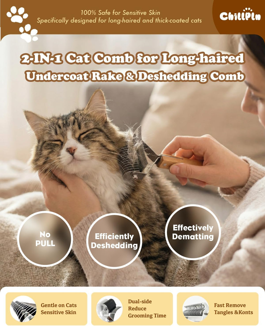 Chillpln cat grooming tool showing 20-teeth and 30-teeth sides