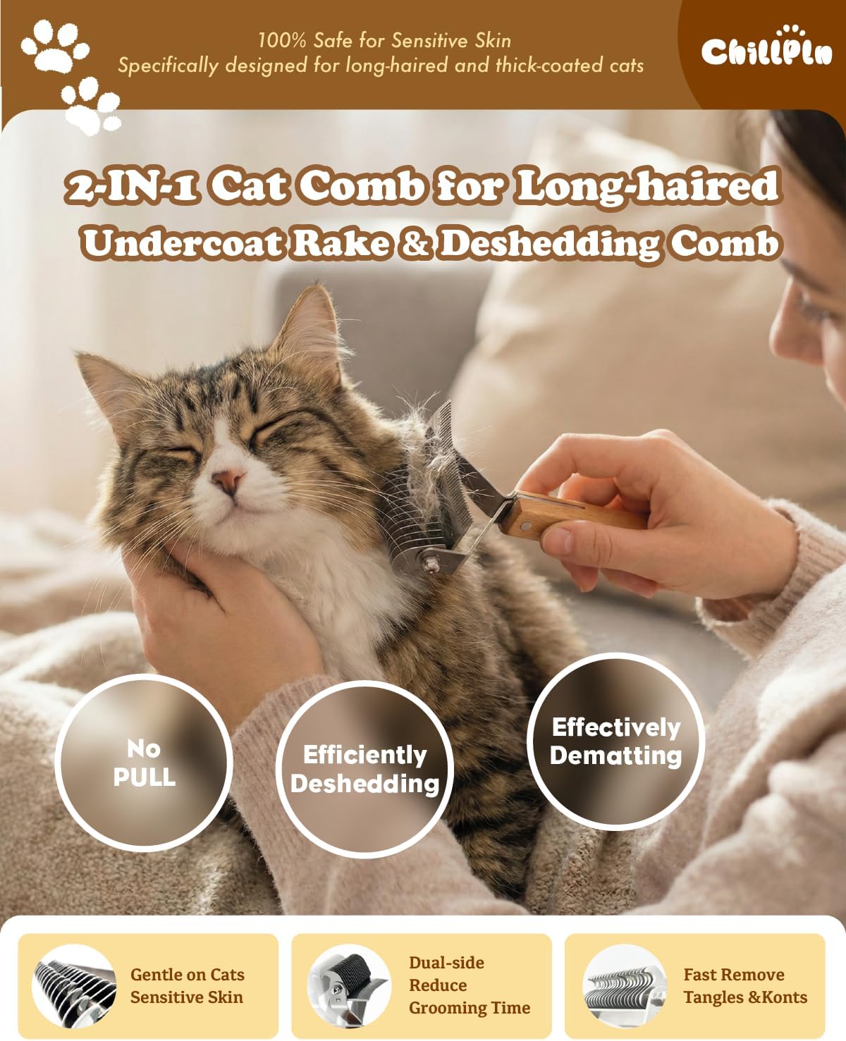 Chillpln cat grooming tool showing 20-teeth and 30-teeth sides