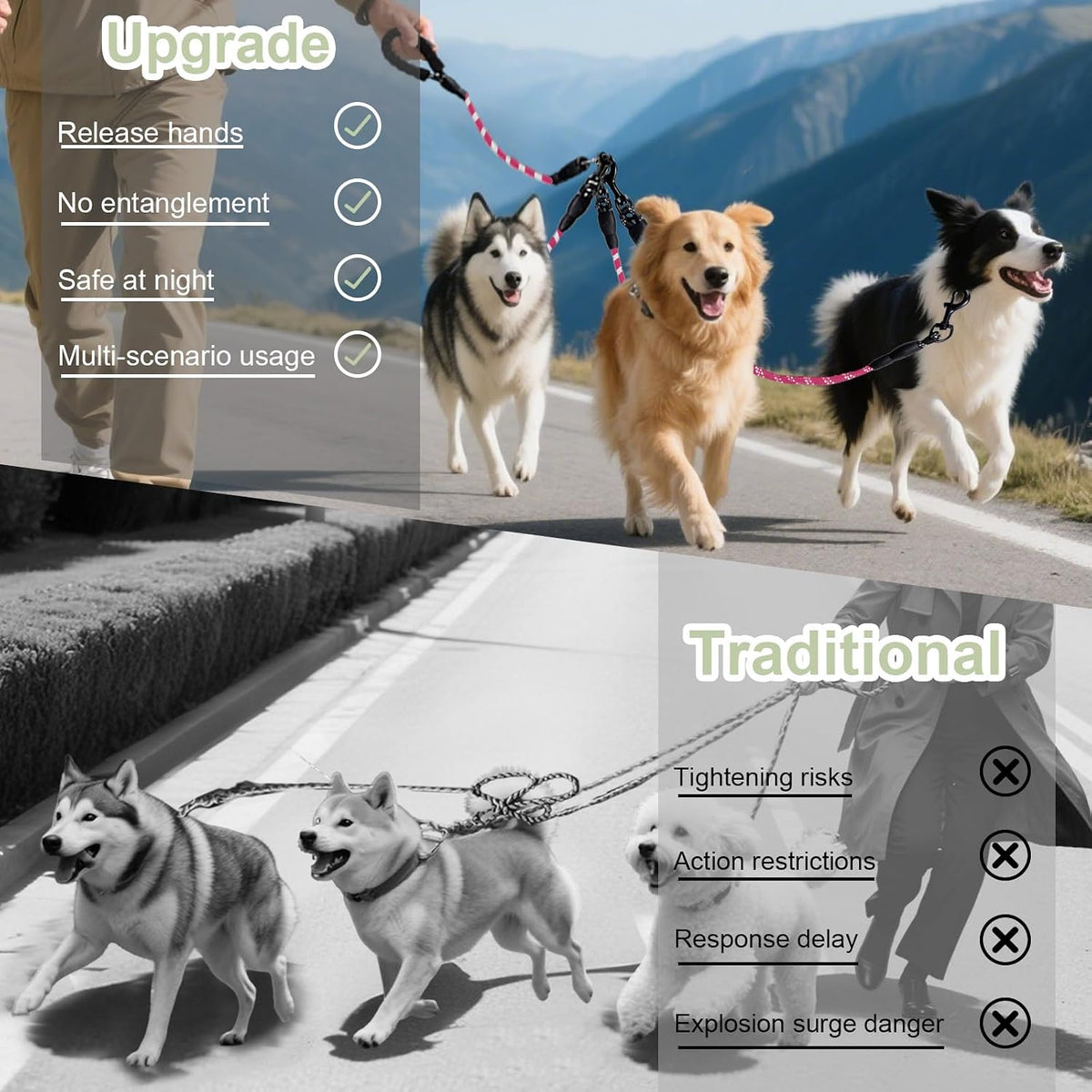 LEOSASA three dog splitter leash showing the reflective stitching for safe nighttime walking.