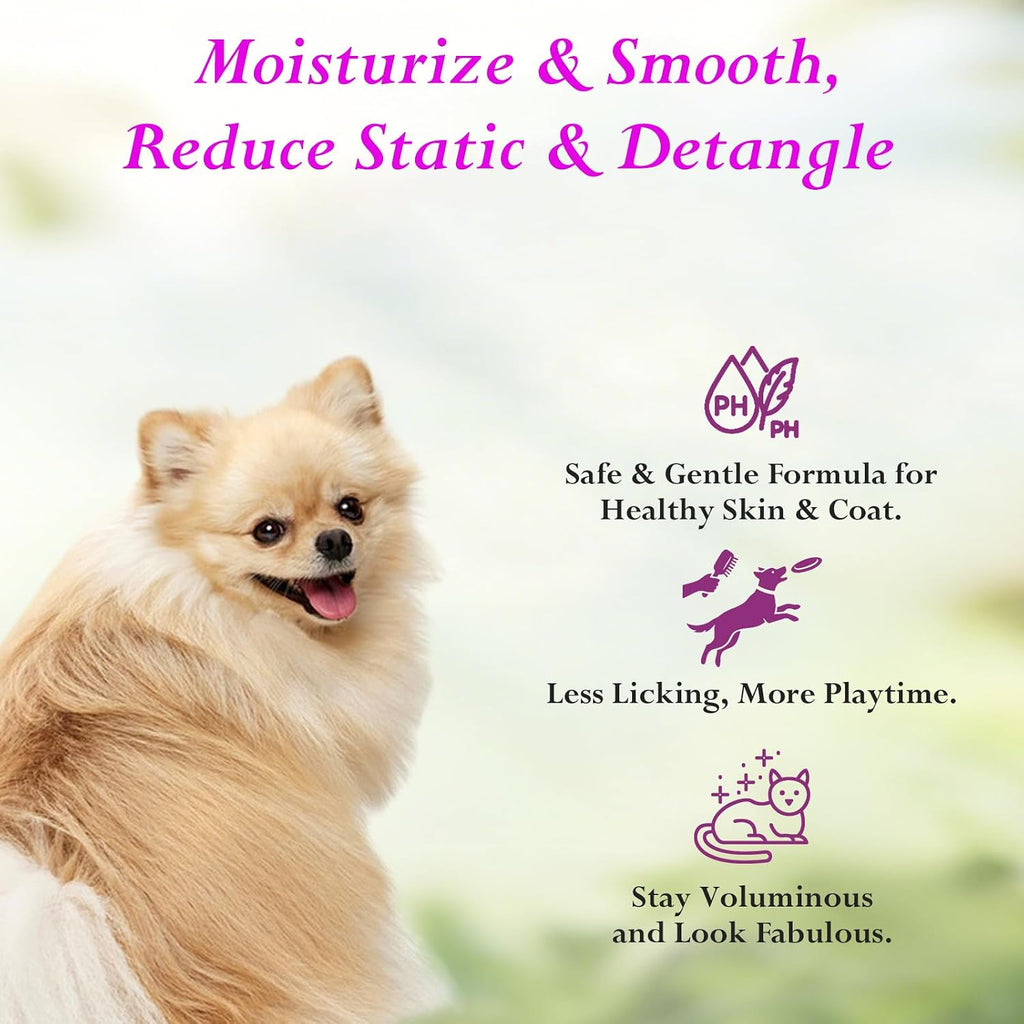 Deodorizing grooming spray for dogs and cats coat care.