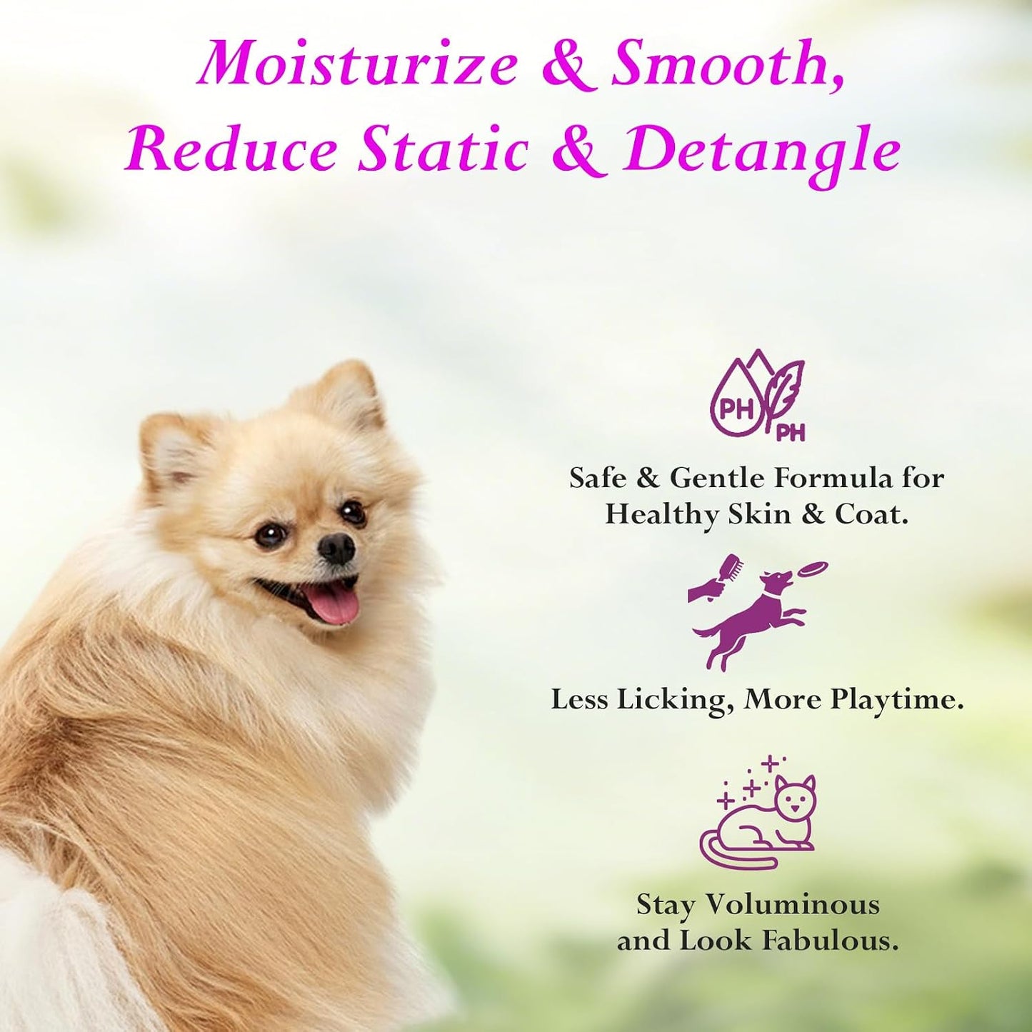 Deodorizing grooming spray for dogs and cats coat care.