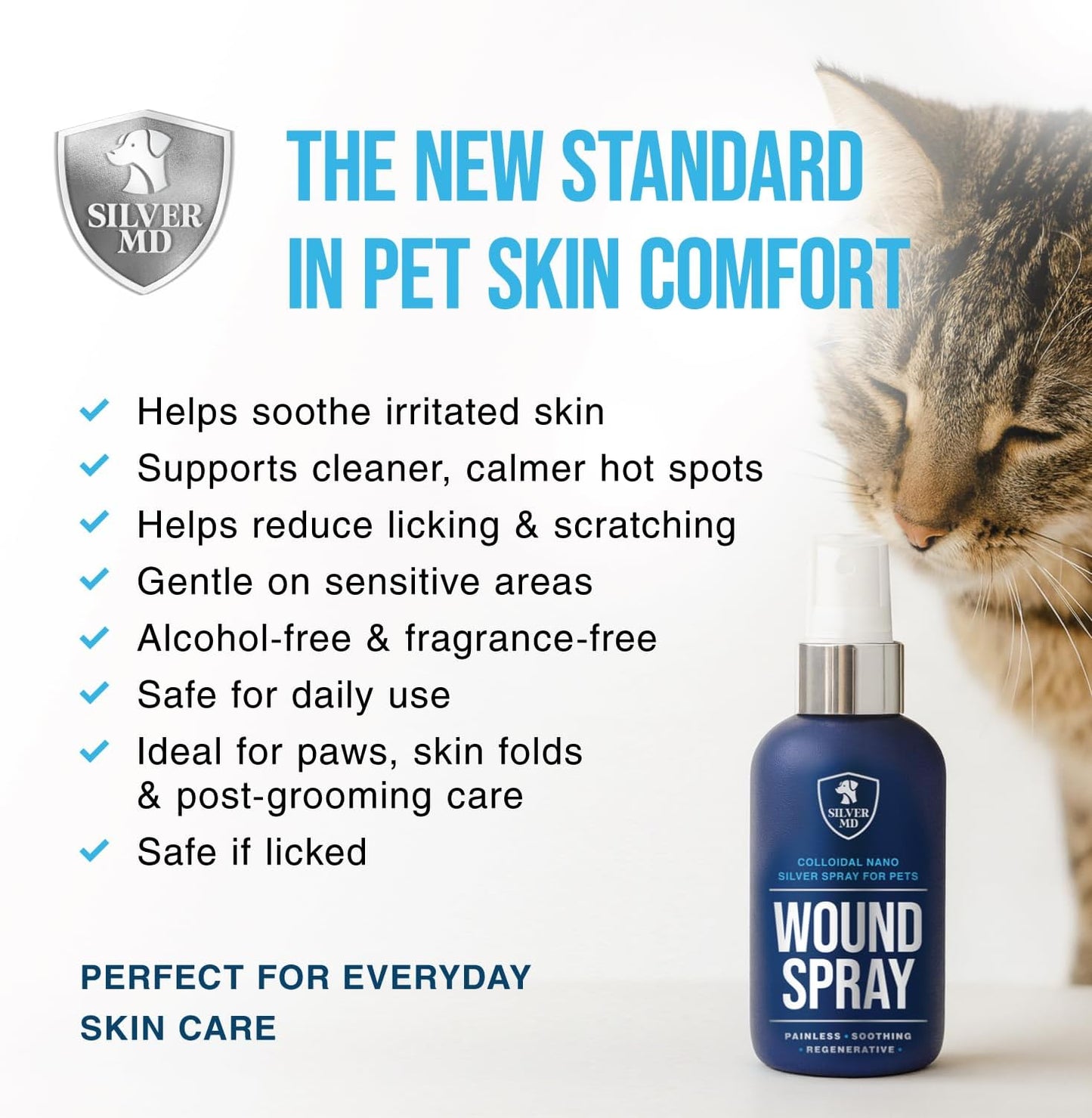 SilverMD premium imported USA pet first aid spray packaging display for sensitive skin.