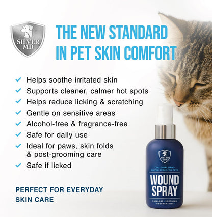 SilverMD premium imported USA pet first aid spray packaging display for sensitive skin.