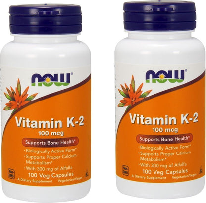 NOW Foods Vitamin K2 100 Micrograms 100 Vegetarian Capsules front view bottle for bone health support