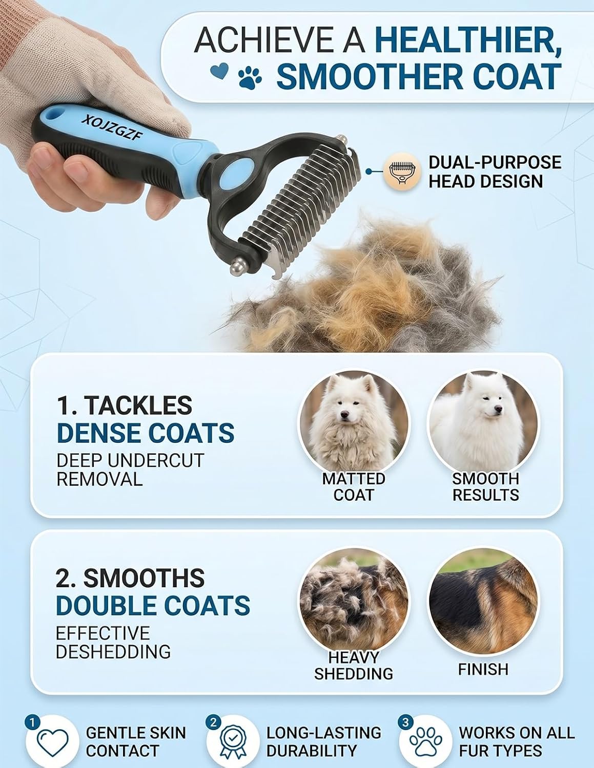 Comparison of Congzikji grooming rake sides for dematting and deshedding.