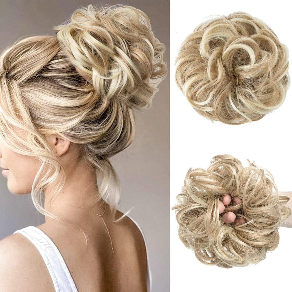 CJL HAIR Large Messy Bun Hair Piece front view displaying thick dirty blonde wavy synthetic curls.