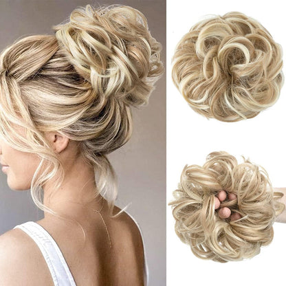 CJL HAIR Large Messy Bun Hair Piece front view displaying thick dirty blonde wavy synthetic curls.