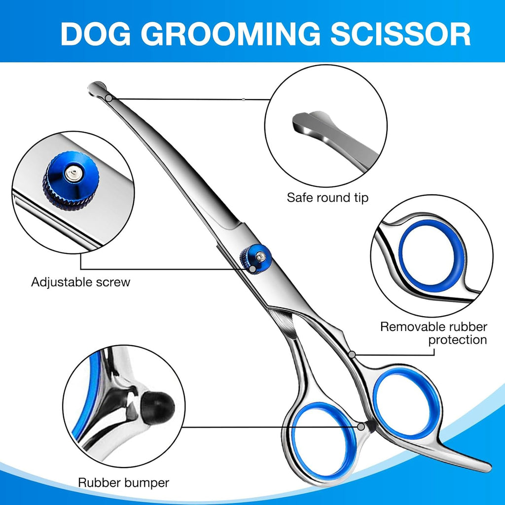 Goritz stainless steel curved dog shears with cleaning cloth for coat maintenance