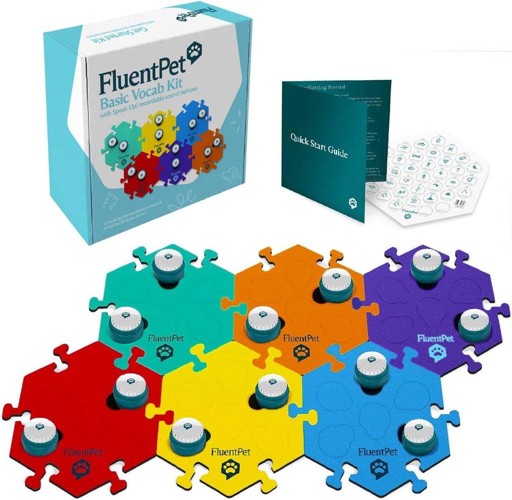 FluentPet Speak Up! Get Started Kit with Clearer Upward-Facing Sound | 6 Recordable Buttons w/Pre-Installed Batteries & 3 HexTile Button Mats | Training Dog & Cat Communication Buttons - Image 9